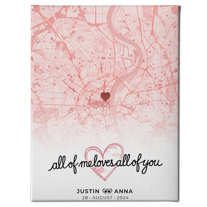 Personalisiertes Leinwandbild Stadtkarten Paare Roserot All Of Me Loves All Of You