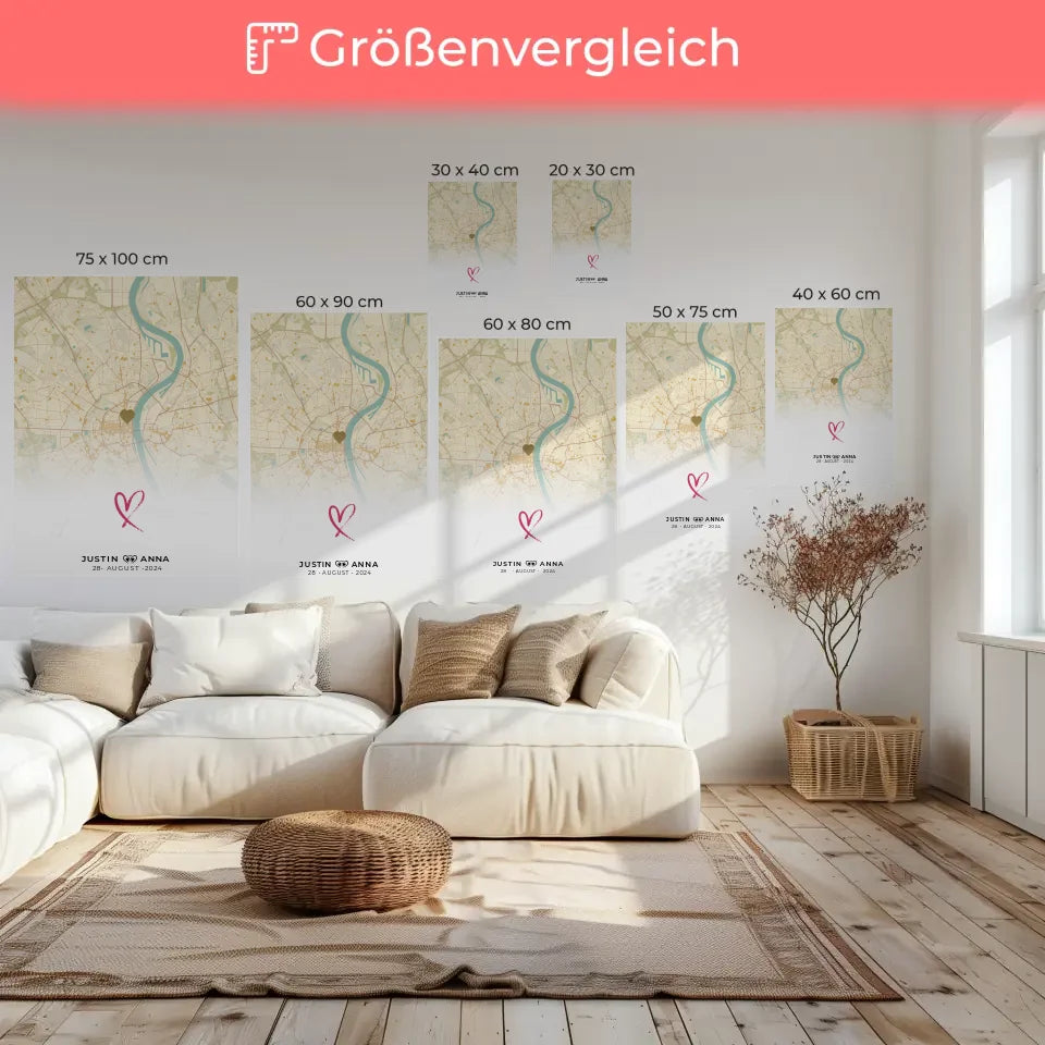 Personalisierte Leinwand mit Stadtkarten für Paare You & Me Vintage