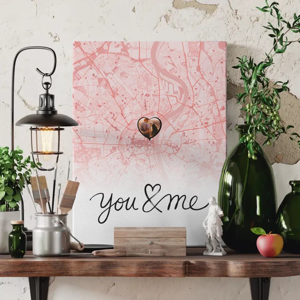 Personalisierte Leinwand Stadtkarten Paare You & Me Roserot