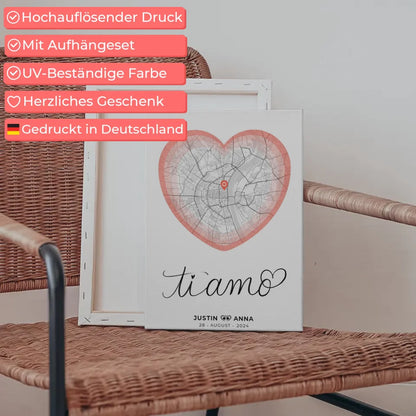 Personalisierte Leinwand Stadtkarten für Paare Herz Ti Amo Roserot