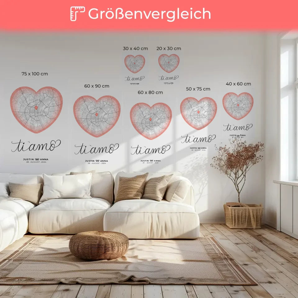 Personalisierte Leinwand Stadtkarten für Paare Herz Ti Amo Roserot