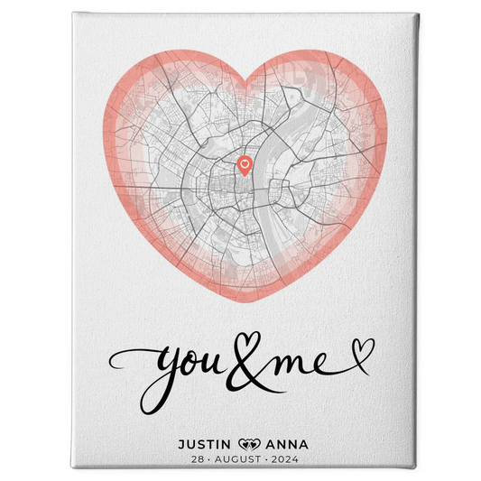 Personalisierte Stadtkarten Leinwand für Paare You & Me Herz 1