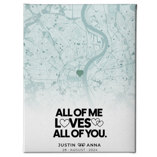 Personalisierte Stadtkarten Leinwand für Paare All Of Me Loves All Of You Mintgrün