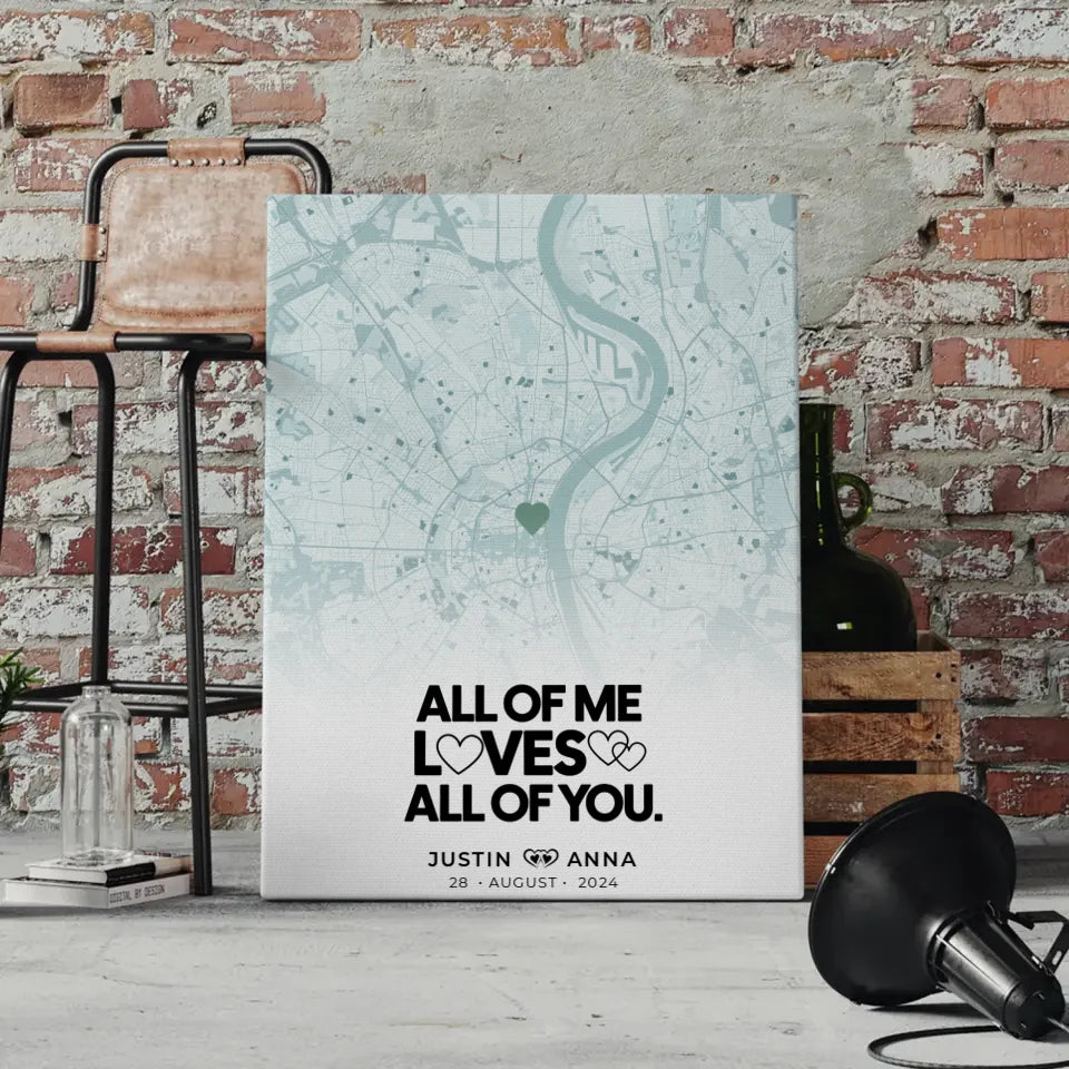 Personalisierte Stadtkarten Leinwand für Paare All Of Me Loves All Of You Mintgrün