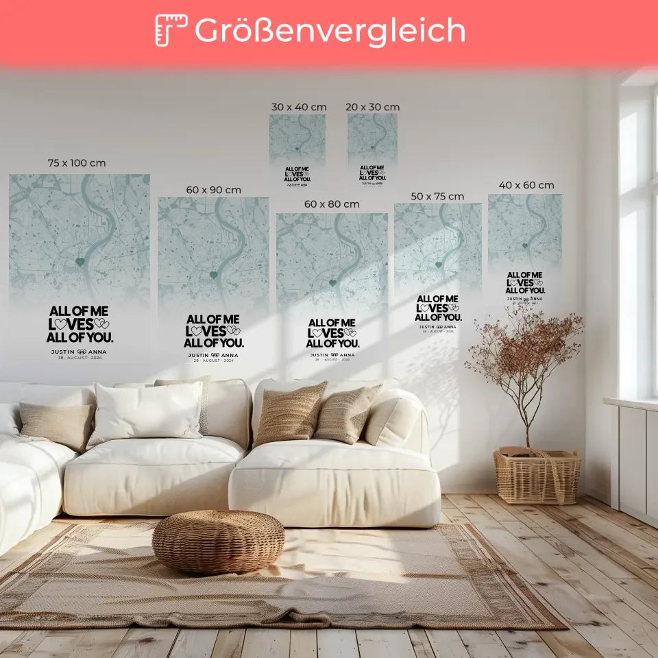 Personalisierte Stadtkarten Leinwand für Paare All Of Me Loves All Of You Mintgrün