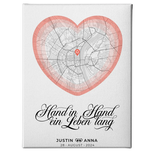 Personalisierte Stadtkarten Leinwand Paare Herz Hand In Hand 1