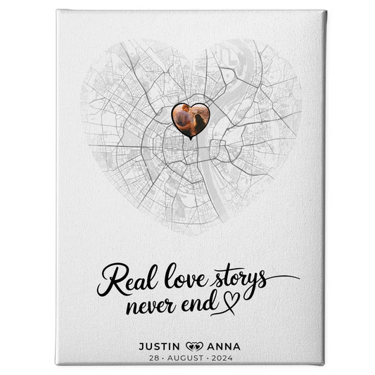 Personalisierte Leinwand Stadtkarten für Paare Herz Real Love Storys