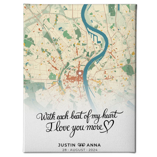 Personalisierte Stadtkarten Leinwand Paare With Each Beat Of My Heart 1