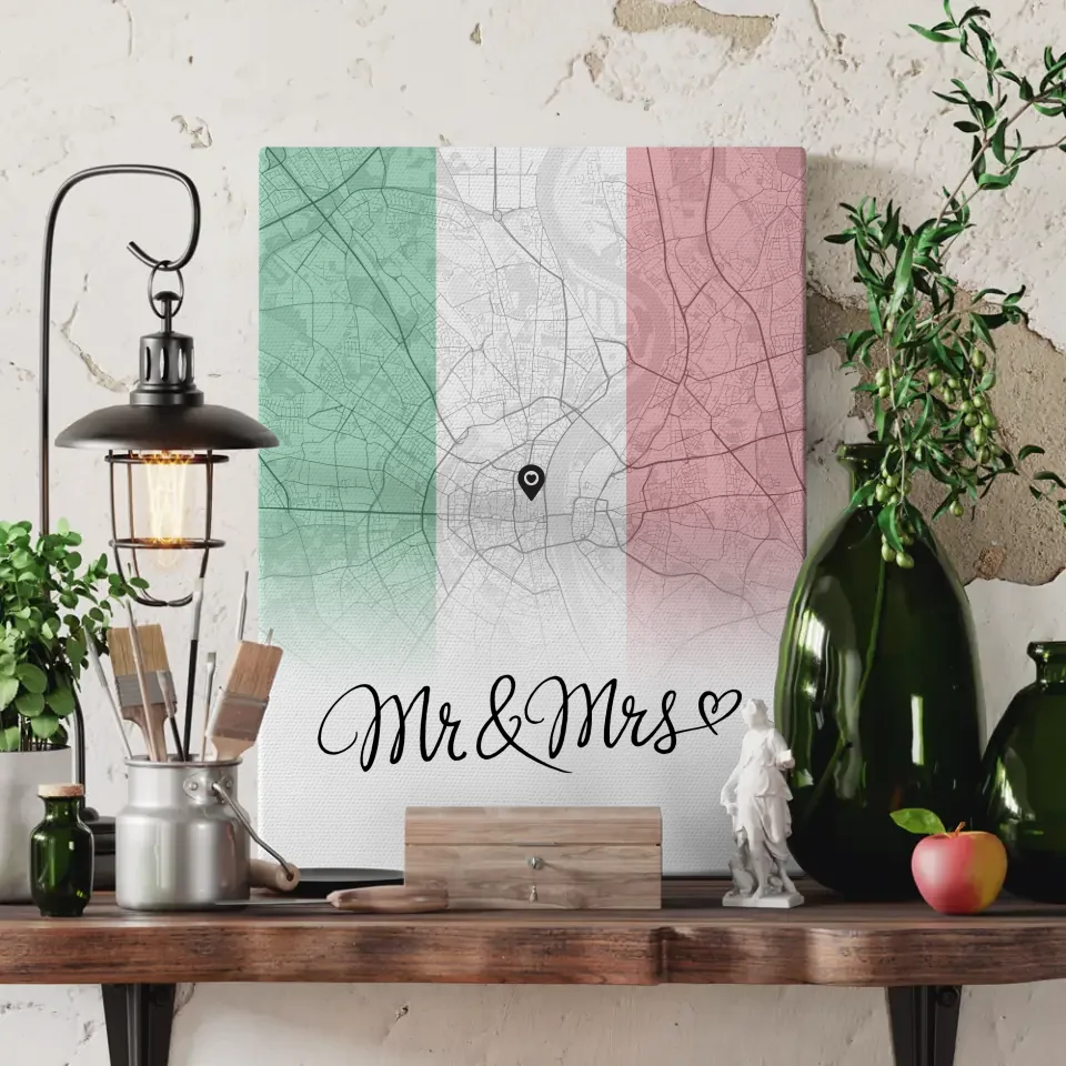 Personalisierte Leinwand Stadtkartenleinwand Paare Urlaub Italien Mr & Mrs