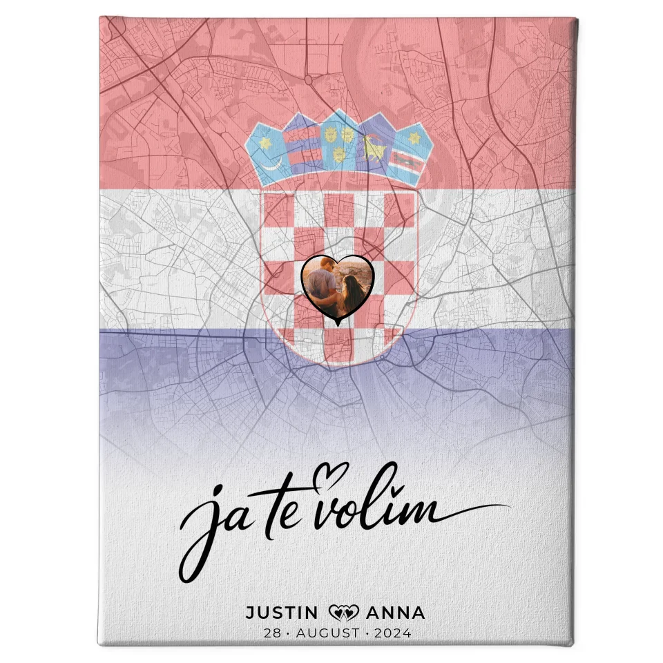 Personalisierte Leinwand Paare Stadtkarte Kroatien Ja Te Volim 1