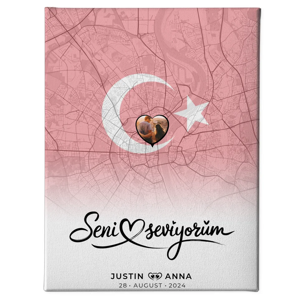 Personalisierte Leinwand Foto Paare Stadtkarte Türkei Seni Seviyorum 1