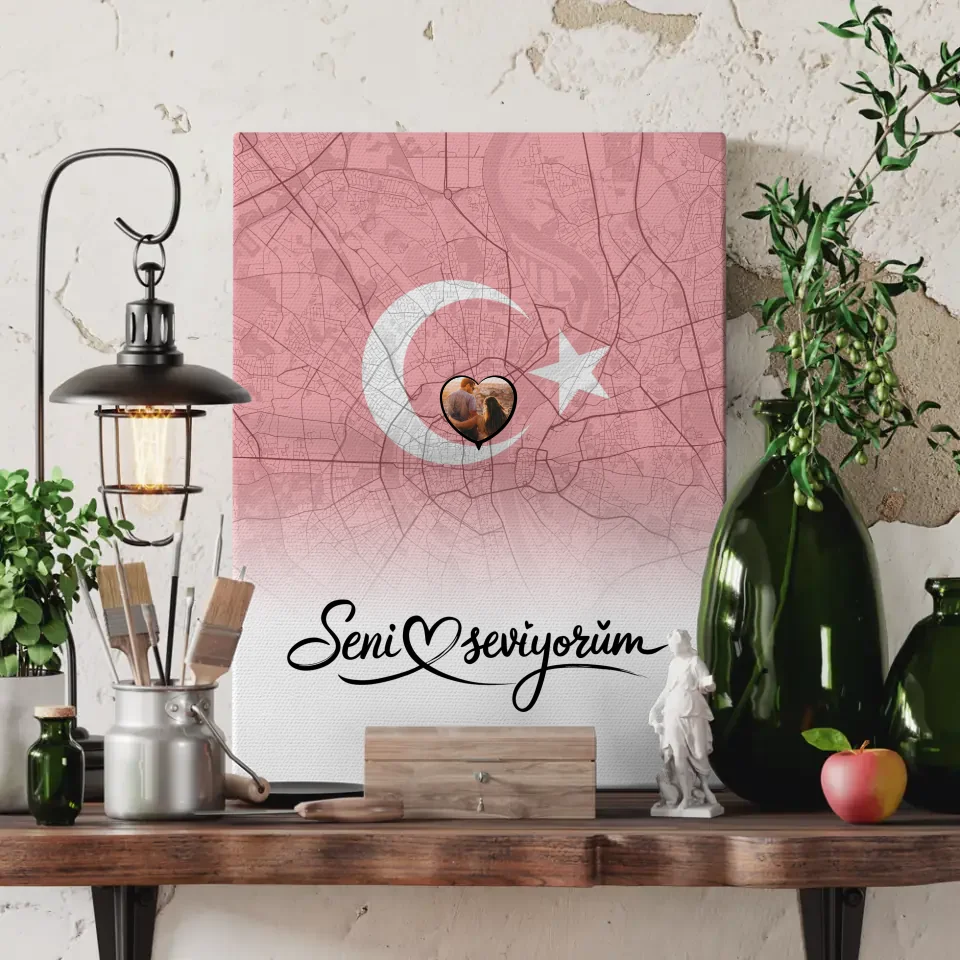 Personalisierte Leinwand Foto Paare Stadtkarte Türkei Seni Seviyorum 3