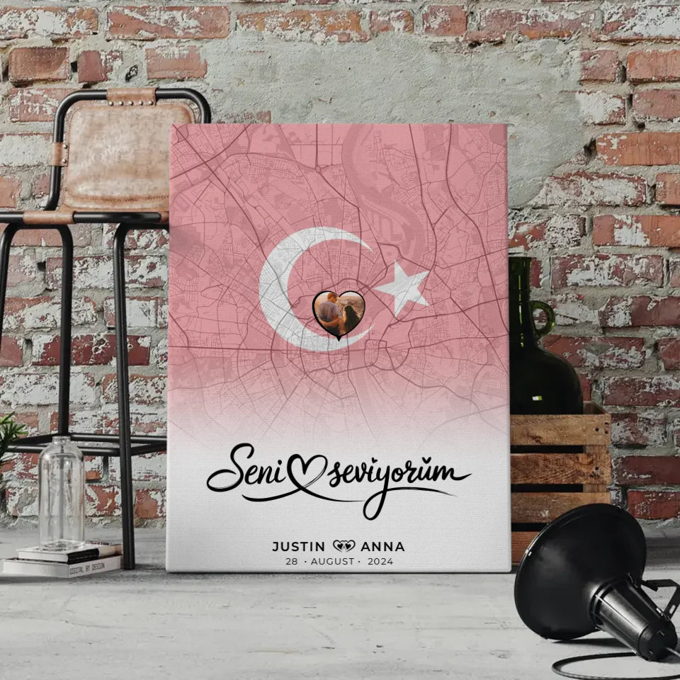 Personalisierte Leinwand Foto Paare Stadtkarte Türkei Seni Seviyorum 4
