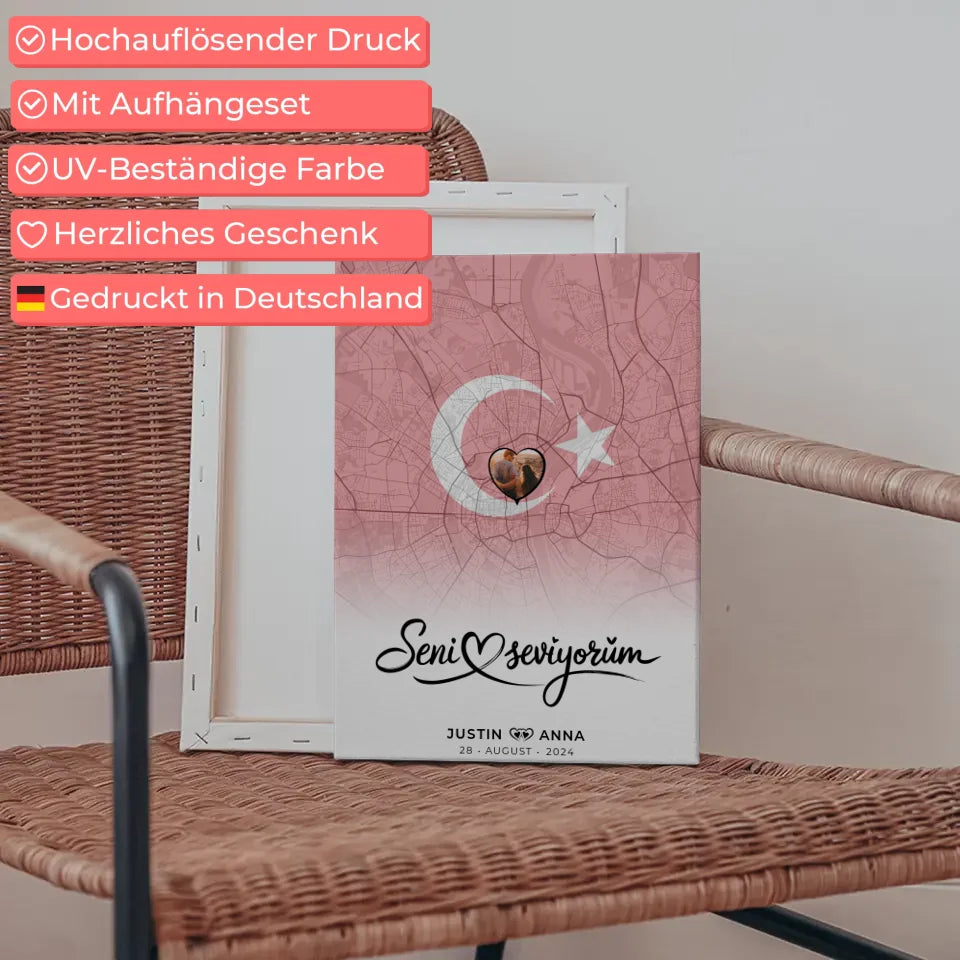 Personalisierte Leinwand Foto Paare Stadtkarte Türkei Seni Seviyorum 5
