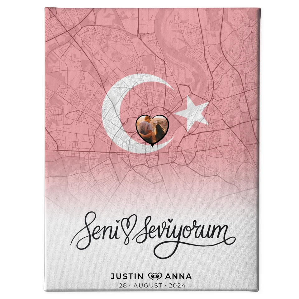 Personalisiert Foto Leinwand Paare Stadtkarte Türkei Seni Seviyorum