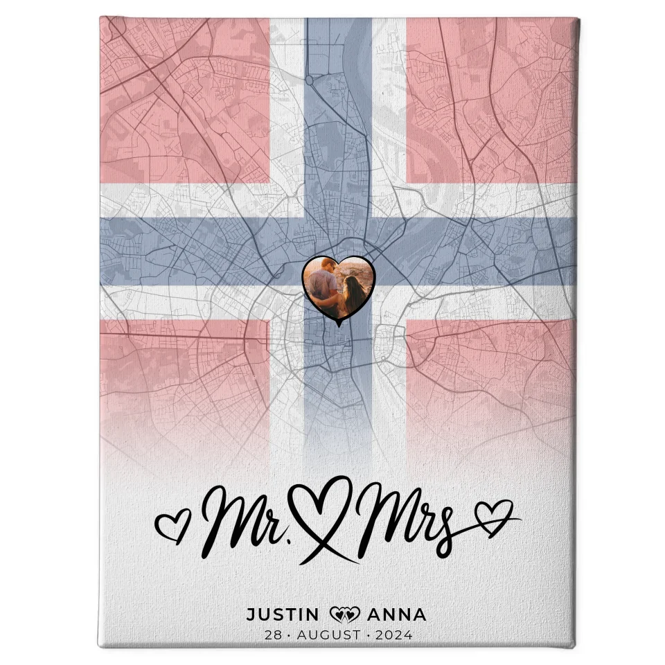 Personalisierte Leinwand Paare Norwegen Stadtkarte Mr & Mrs Foto