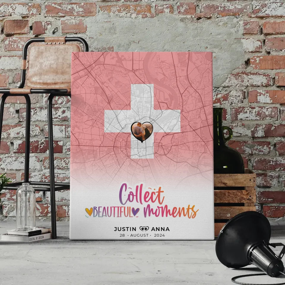 Personalisierte Fotoleinwand Paare Stadtkarte Schweiz Collect Beautyful Moments