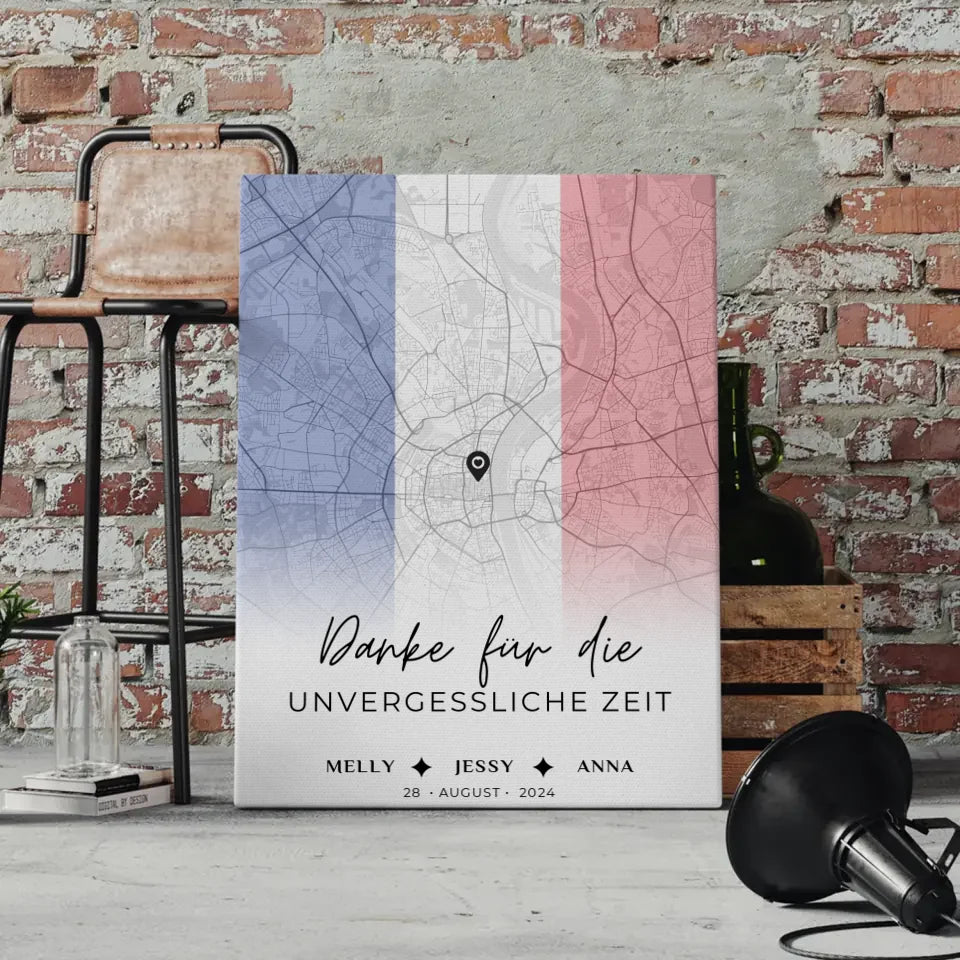 Personalisiertes Leinwand Geschenk Freundinnen Stadtkarte Urlaub Frankreich Danke für die Unvergessliche Zeit