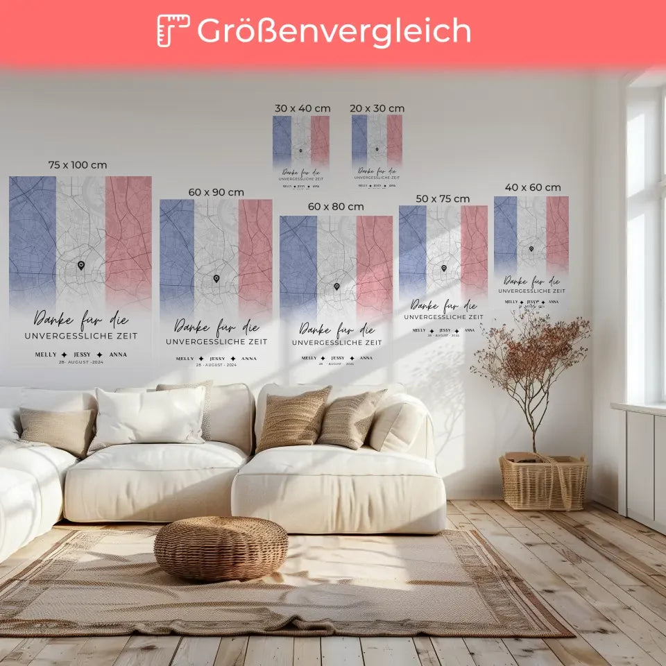 Personalisiertes Leinwand Geschenk Freundinnen Stadtkarte Urlaub Frankreich Danke für die Unvergessliche Zeit