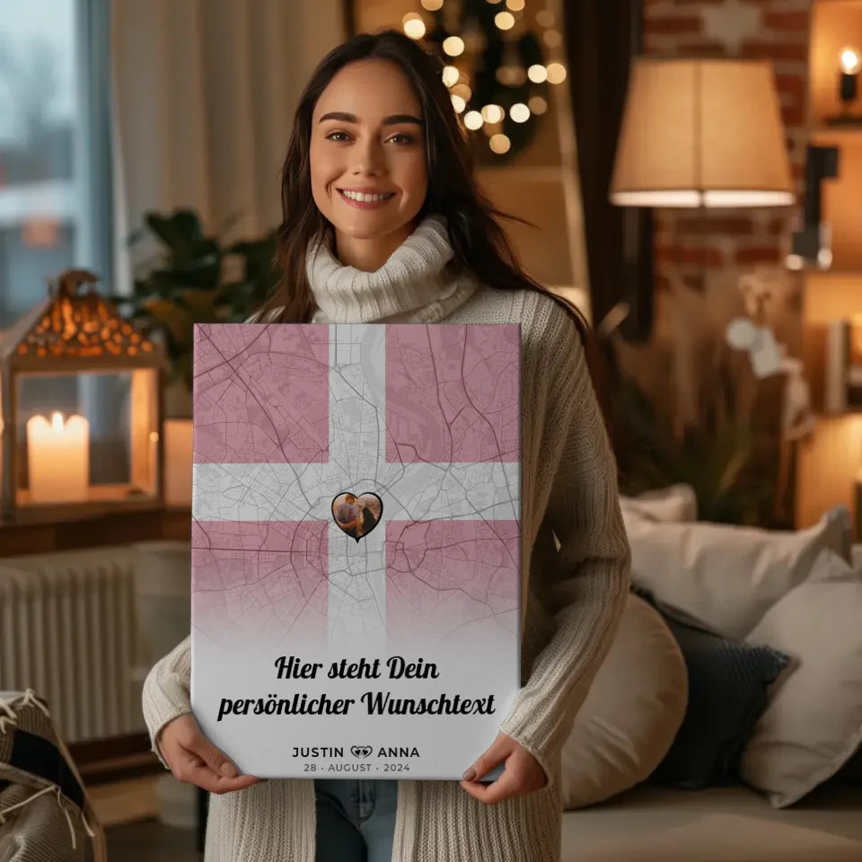 Personalisierte Leinwand Paare Stadtkarte Dänemark mit Foto und Wunschtext