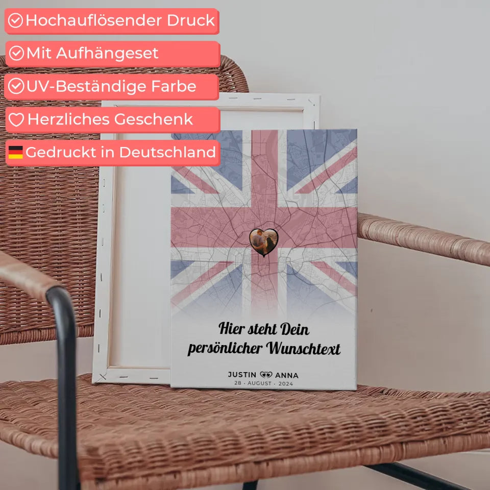 Personalisierte Leinwand für Paare Stadtkarte Foto England