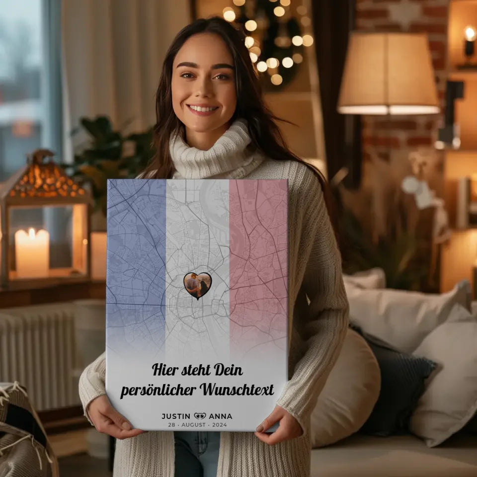 Personalisierte Leinwand für Paare Stadtkarte Foto Frankreich Wunschtext