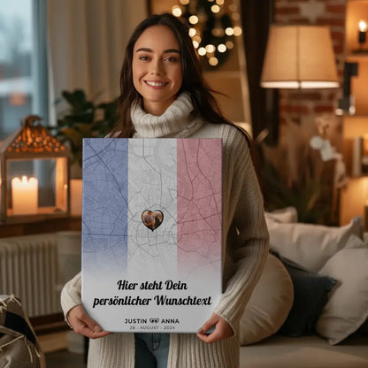 Personalisierte Leinwand für Paare Stadtkarte Foto Frankreich Wunschtext