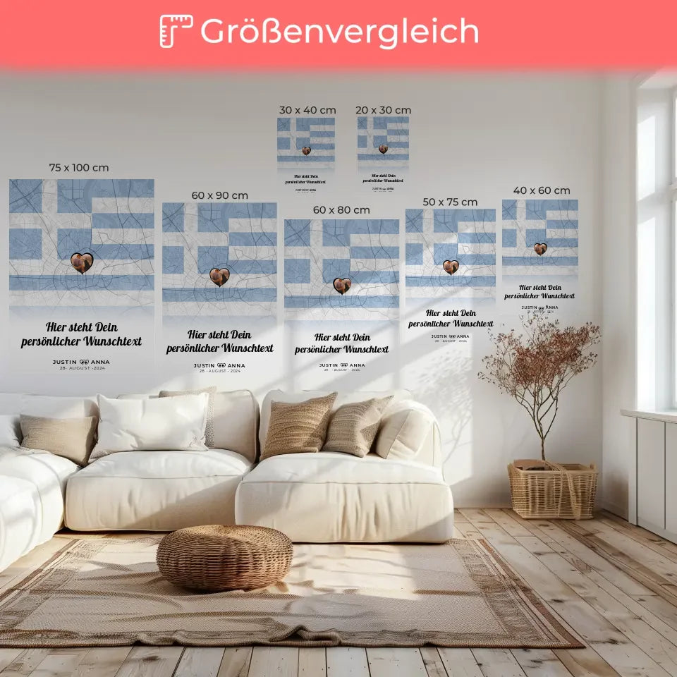 Personalisierte Leinwand Paare Stadtkarte Griechenland mit Foto und Wunschtext