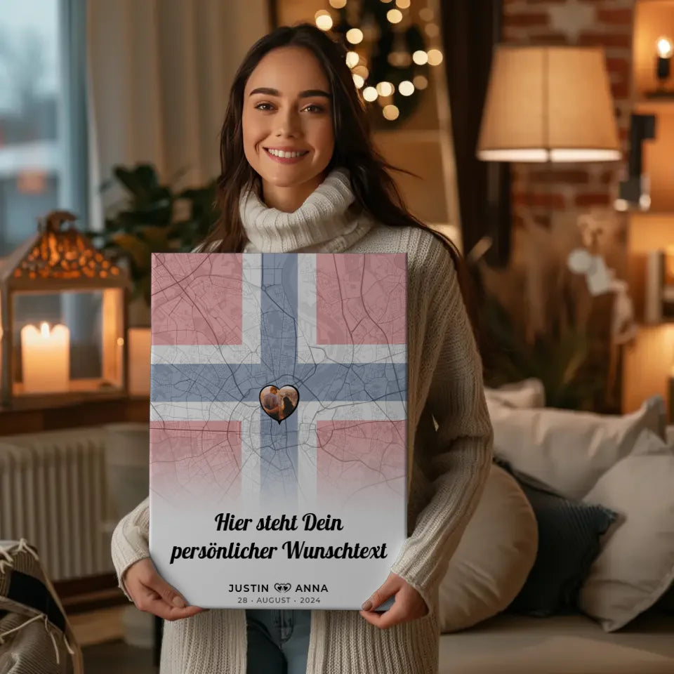 Personalisierte Leinwand für Paare Stadtkarte Norwegen mit Foto Wunschtext