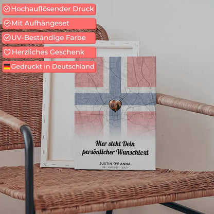 Personalisierte Leinwand für Paare Stadtkarte Norwegen mit Foto Wunschtext