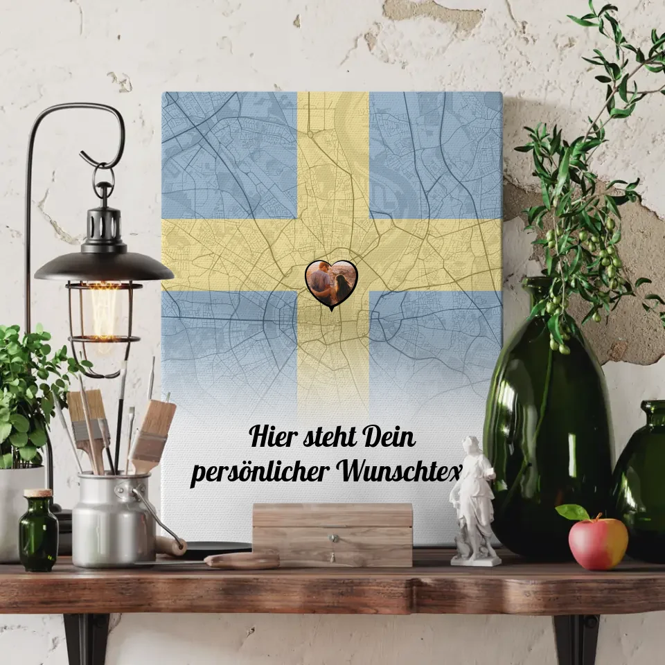 Personalisierte Leinwand Paare Stadtkarte Schweden Foto Wunschtext