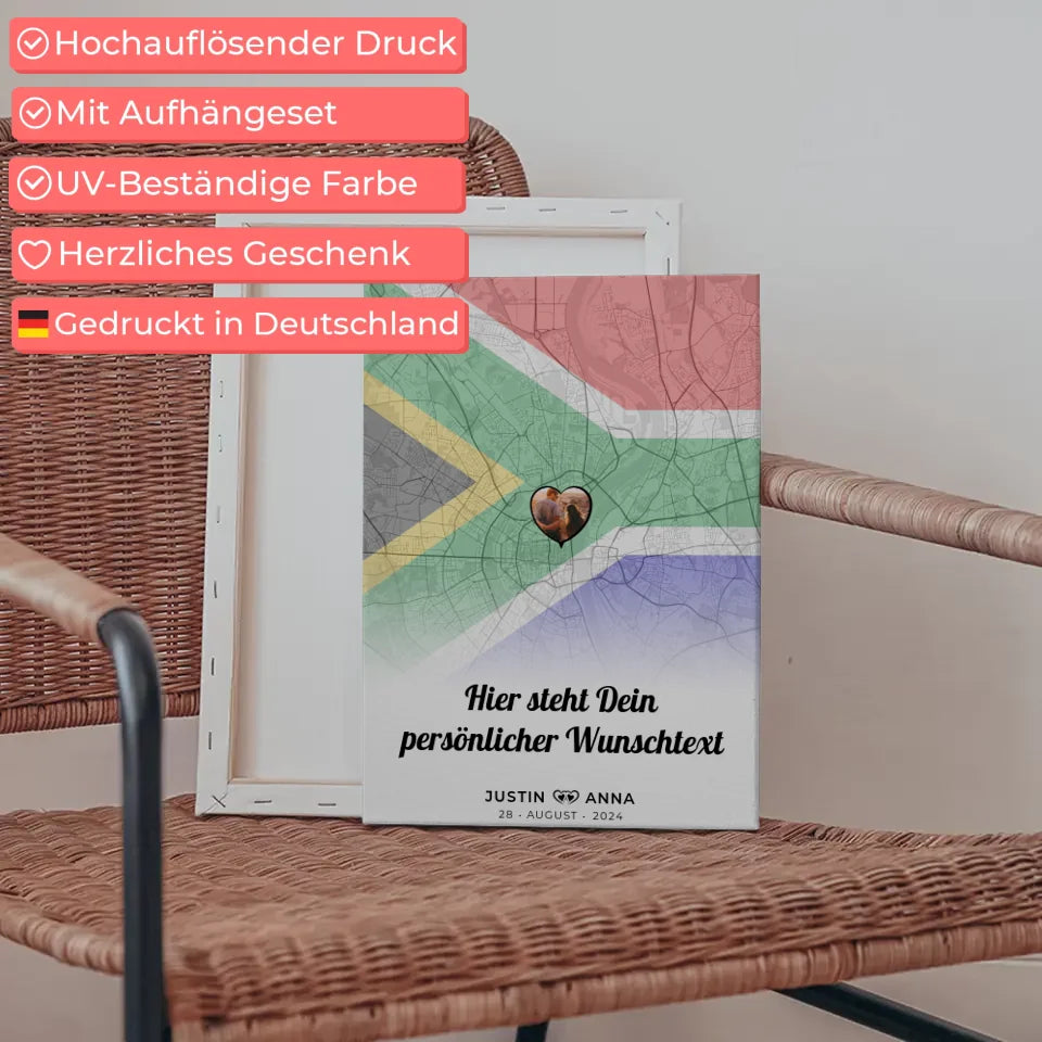 Personalisierte Leinwand Paare Stadtkarte Südafrika mit Foto und Text