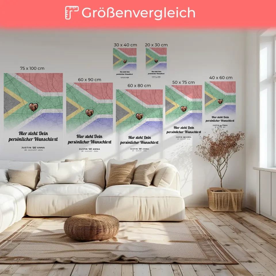 Personalisierte Leinwand Paare Stadtkarte Südafrika mit Foto und Text