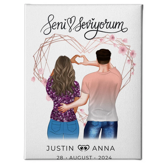Personalisierte Leinwand für Paare mit Figuren und Namen Seni Seviyorum 1