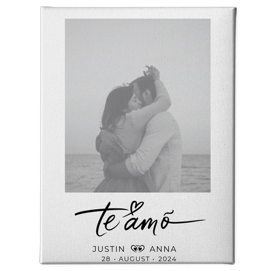 Personalisierte Leinwand Paare mit Namen Te Amo Foto mit Datum Black & White 1