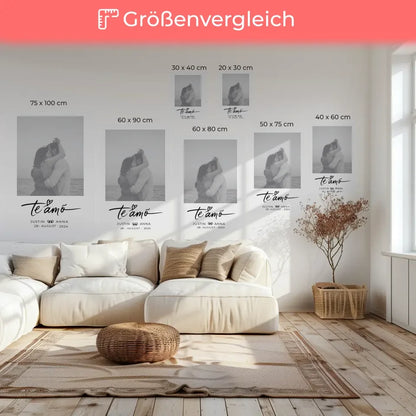 Personalisierte Leinwand Paare mit Namen Te Amo Foto mit Datum Black & White