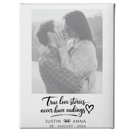 Personalisierte Leinwand Foto Paare mit Namen True Love Stories Schwarz Weiß 1
