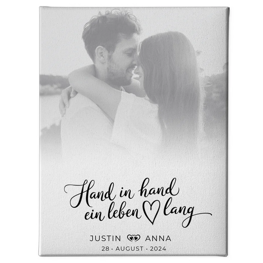 Personalisierte Leinwand Paare Foto Schwarz Weiß Hand In Hand Ein Leben Lang 1