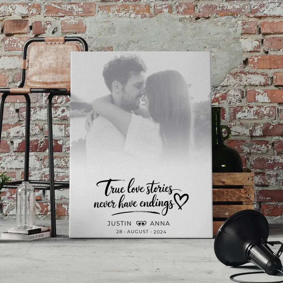 Personalisierte Leinwand Paare Foto Black & White True Love Stories mit Namen