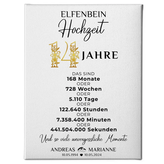 Personalisierte Leinwand Geschenk Momente 14 Hochzeitstag Namen 1