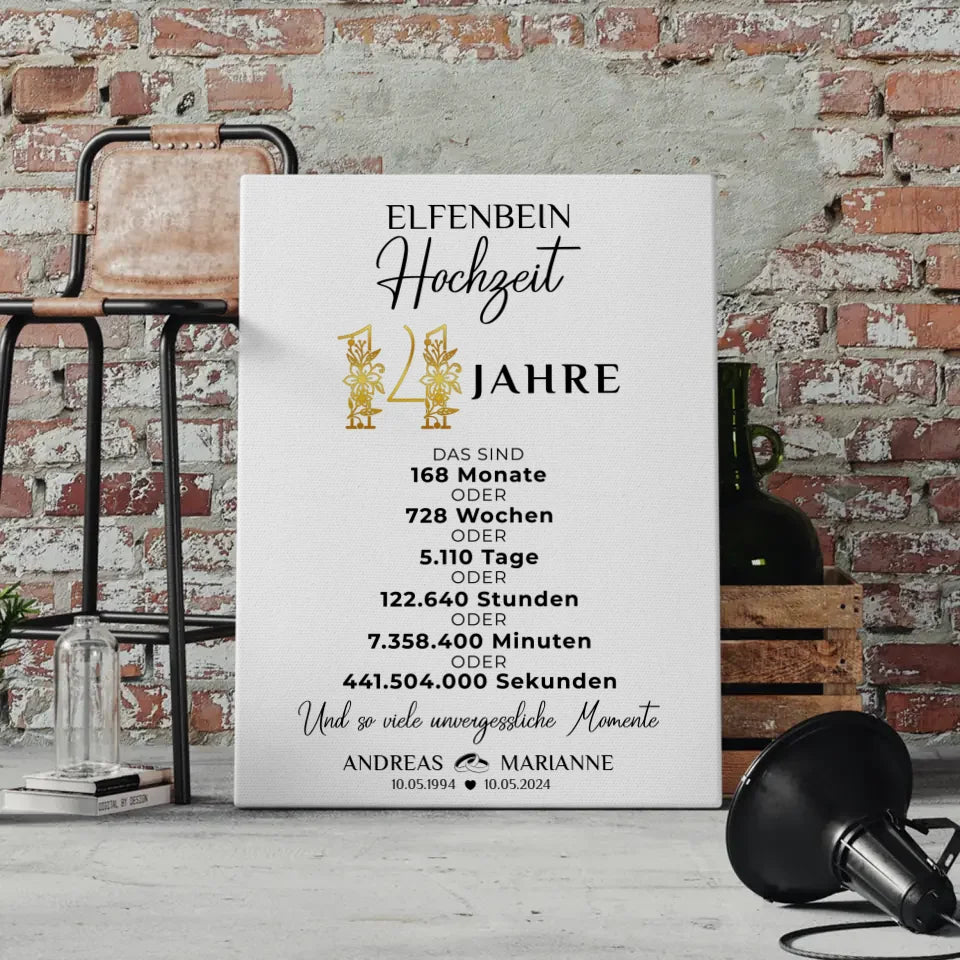 Personalisierte Leinwand Geschenk Momente 14 Hochzeitstag Namen