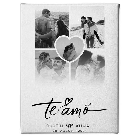 Personalisierte Fotocollage Leinwand Paare 5 Fotos Te Amo mit Namen 1