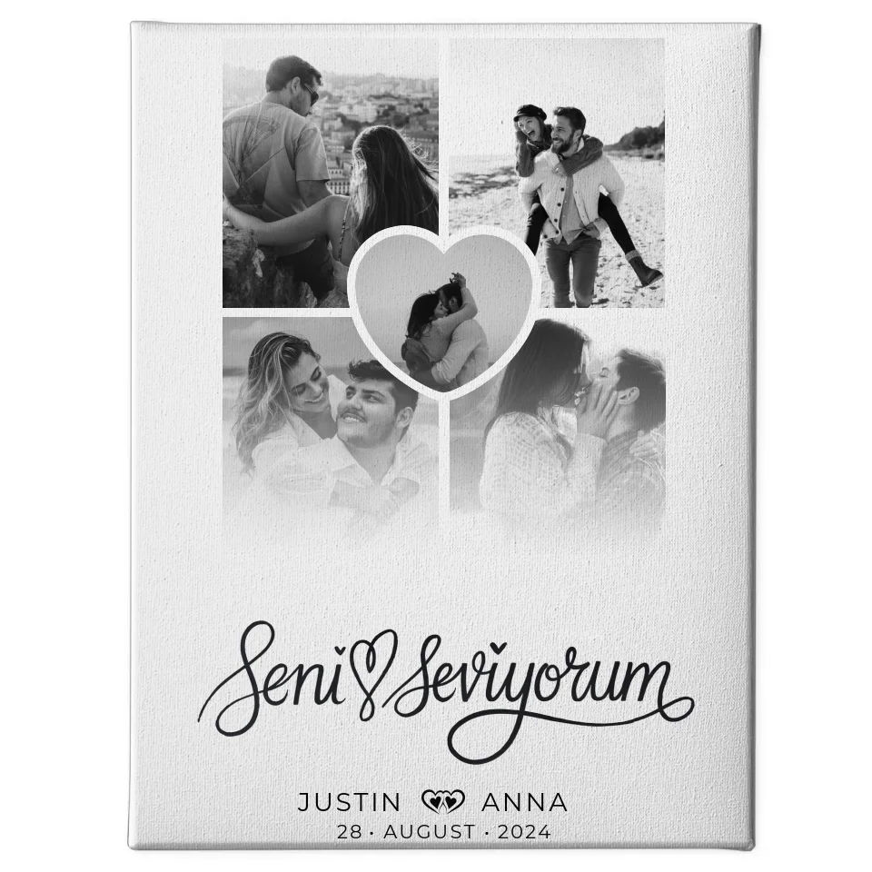 Personalisierte Leinwand für Paare Fotocollage 5 Fotos Seni Seviyorum Türkisch 1