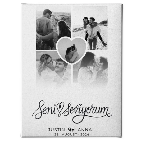 Personalisierte Leinwand für Paare Fotocollage 5 Fotos Seni Seviyorum Türkisch 1