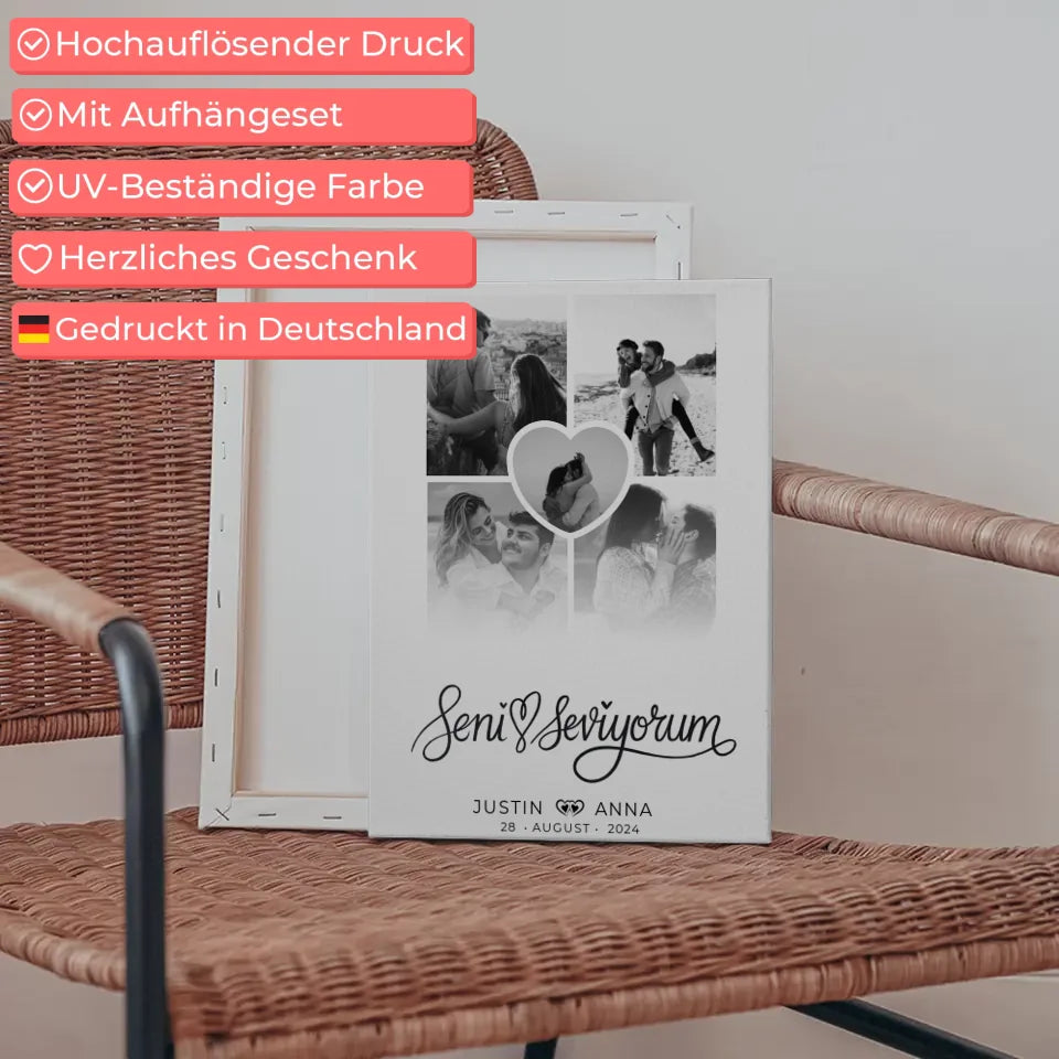 Personalisierte Leinwand für Paare Fotocollage 5 Fotos Seni Seviyorum Türkisch 5