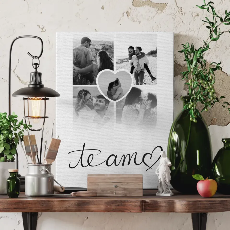 Personalisierte Leinwand Paare Fotocollage 5 Fotos Te Amo mit Namen 3