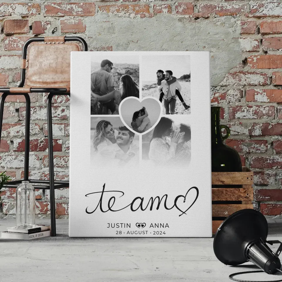 Personalisierte Leinwand Paare Fotocollage 5 Fotos Te Amo mit Namen 4
