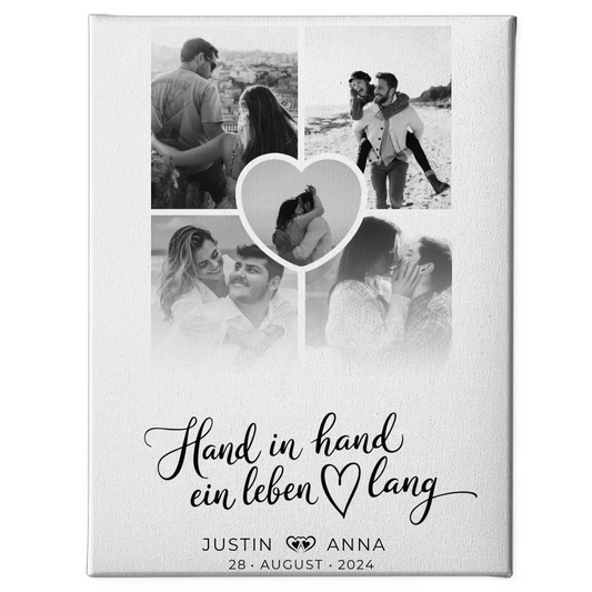 Personalisierte Leinwand Paare Fotocollage 5 Fotos Hand In Hand Ein Leben Lang mit Namen und Datum 1