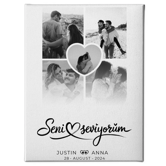 Personalisierte Leinwand für Paare Fotocollage 5 Fotos Seni Seviyorum mit Namen 1