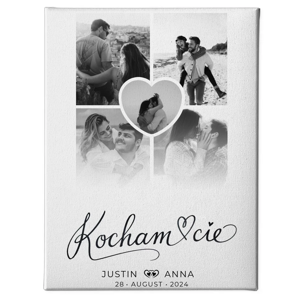 Personalisierte Leinwand Paare Fotocollage 5 Fotos Kocham Cie mit Namen 1